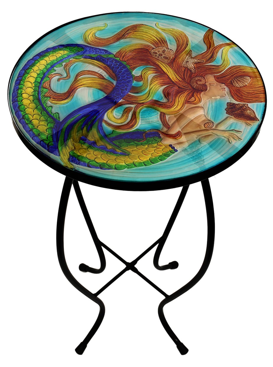 Sunkissed Mermaid Glass Side Table 12 Diameter Top Coastal Decor   Sun Kissed Mermaid Glass Table Photo Mock Up 2 